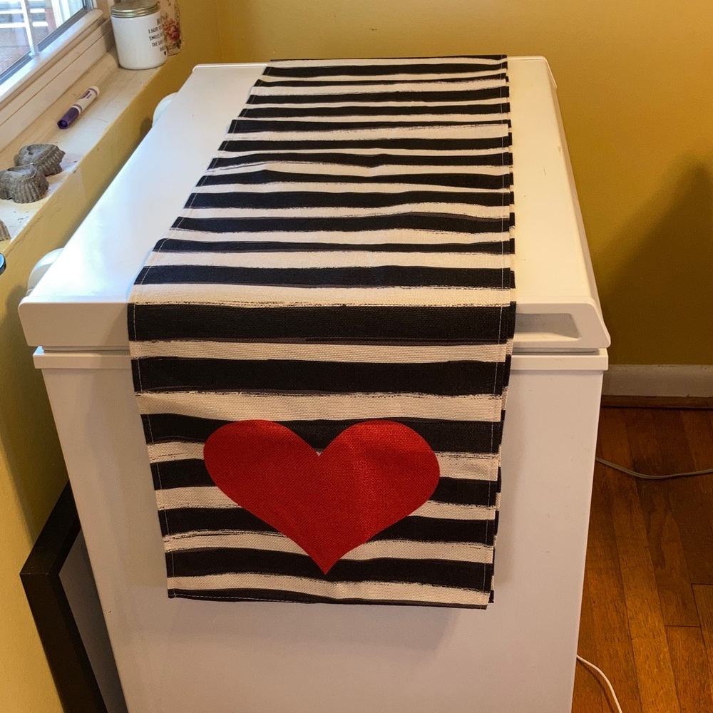 Table Runner RED HEARTS Black and White Stripes Valentines Farmhouse 108 x 13 in